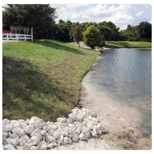For erosion control projects, we recommend the use of riprap–clean construction rubble and rock against shoreline erosion.
